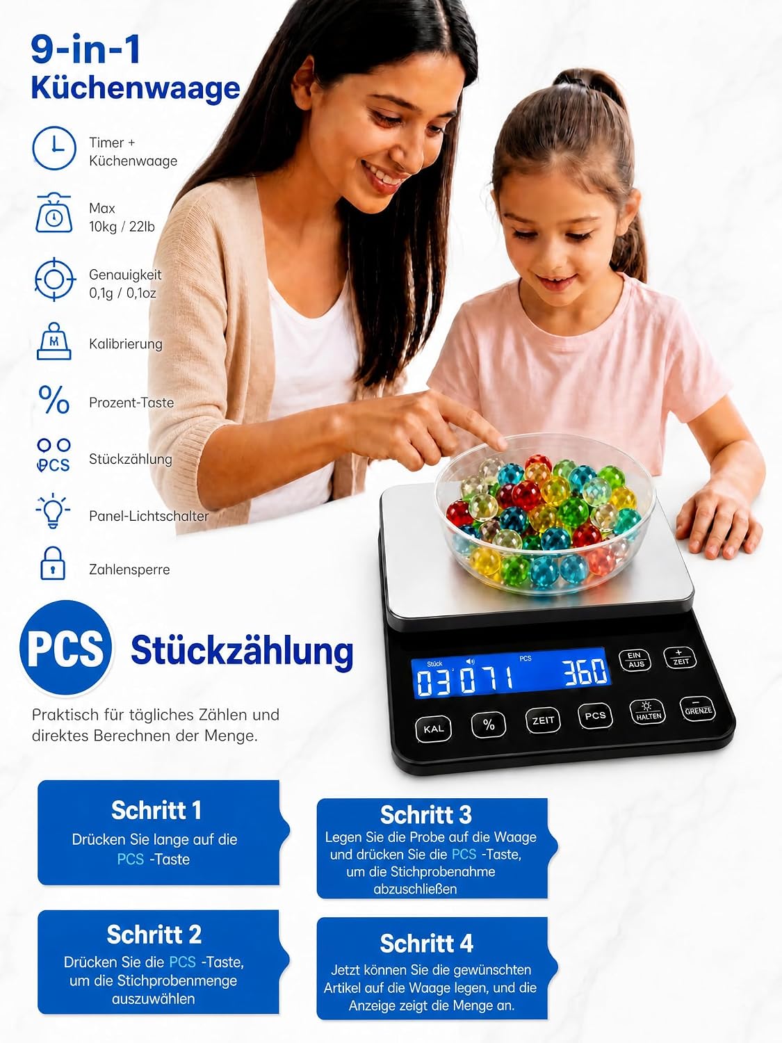 Báscula de cocina profesional de 10 kg con precisión de 0.1 g y porcentaje de panadero | Báscula digital de alimentos 9 en 1 con temporizador, contador y modos de calibración integrados