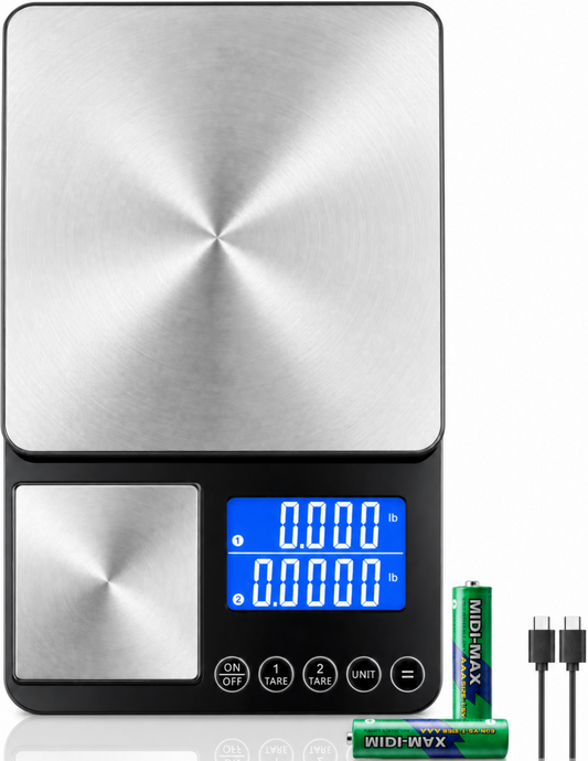 Digitale Küchenwaage mit Dual-Plattform, 15 kg große Lebensmittelwaage und 0,01 g hochpräzise Mikrowaage in einem, USB-C wiederaufladbare Edelstahl-Backwaage mit Gewichtsadditionsfunktion