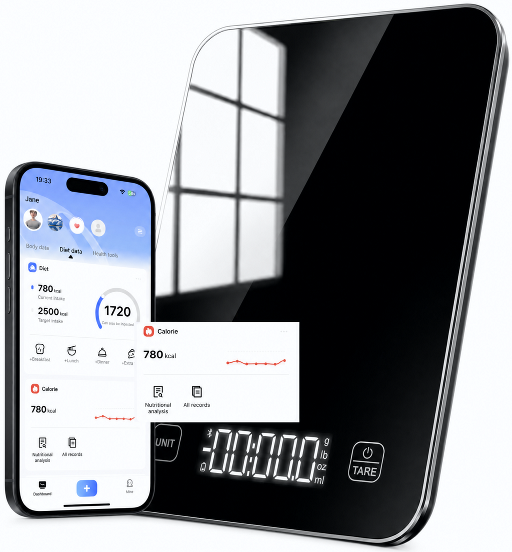 Intelligente digitale Küchenwaage mit LED-Display, Ernährungsrechner und kostenloser App, Tragkraft bis 22 lb / 10 kg, 5 Wägeeinheiten, Präzision 1 g / 0,05 oz – ideal für Backen, Kochen und Essensvorbereitung