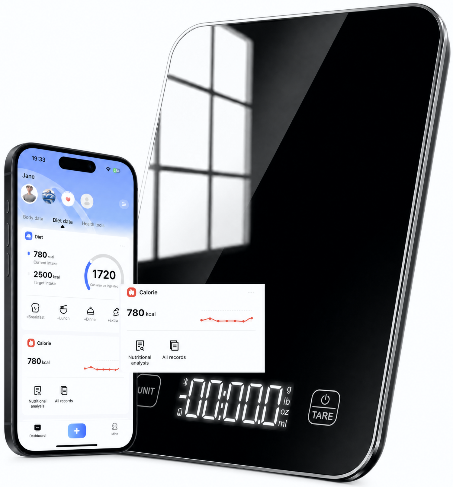 Intelligente digitale Küchenwaage mit LED-Display, Ernährungsrechner und kostenloser App, Tragkraft bis 22 lb / 10 kg, 5 Wägeeinheiten, Präzision 1 g / 0,05 oz – ideal für Backen, Kochen und Essensvorbereitung