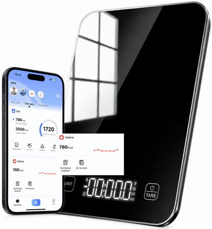 Báscula de cocina inteligente con Bluetooth, báscula digital para alimentos de 10 kg/22 lb para seguimiento de calorías y análisis de macros, báscula de vidrio impermeable para repostería
