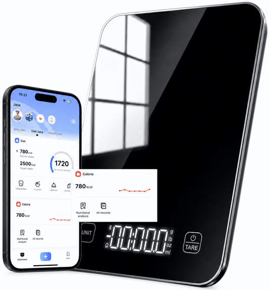 Báscula de cocina inteligente con Bluetooth, báscula digital para alimentos de 10 kg/22 lb para seguimiento de calorías y análisis de macros, báscula de vidrio impermeable para repostería
