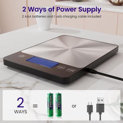 Báscula digital recargable de 15 kg para alimentos - Báscula de cocina de acero inoxidable de alta precisión con temporizador