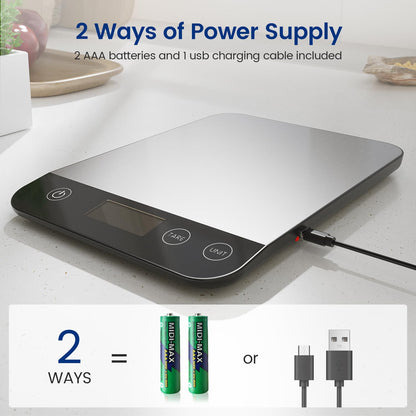 Balanza de Cocina Digital de 15 kg, Balanza de Alimentos de Acero Inoxidable Recargable por USB-C con Precisión de 1 g, 5 Unidades (g/kg/lb:oz/fl:oz/ml) y Tara de un Toque, Balanza para Hornear y Preparar Comidas