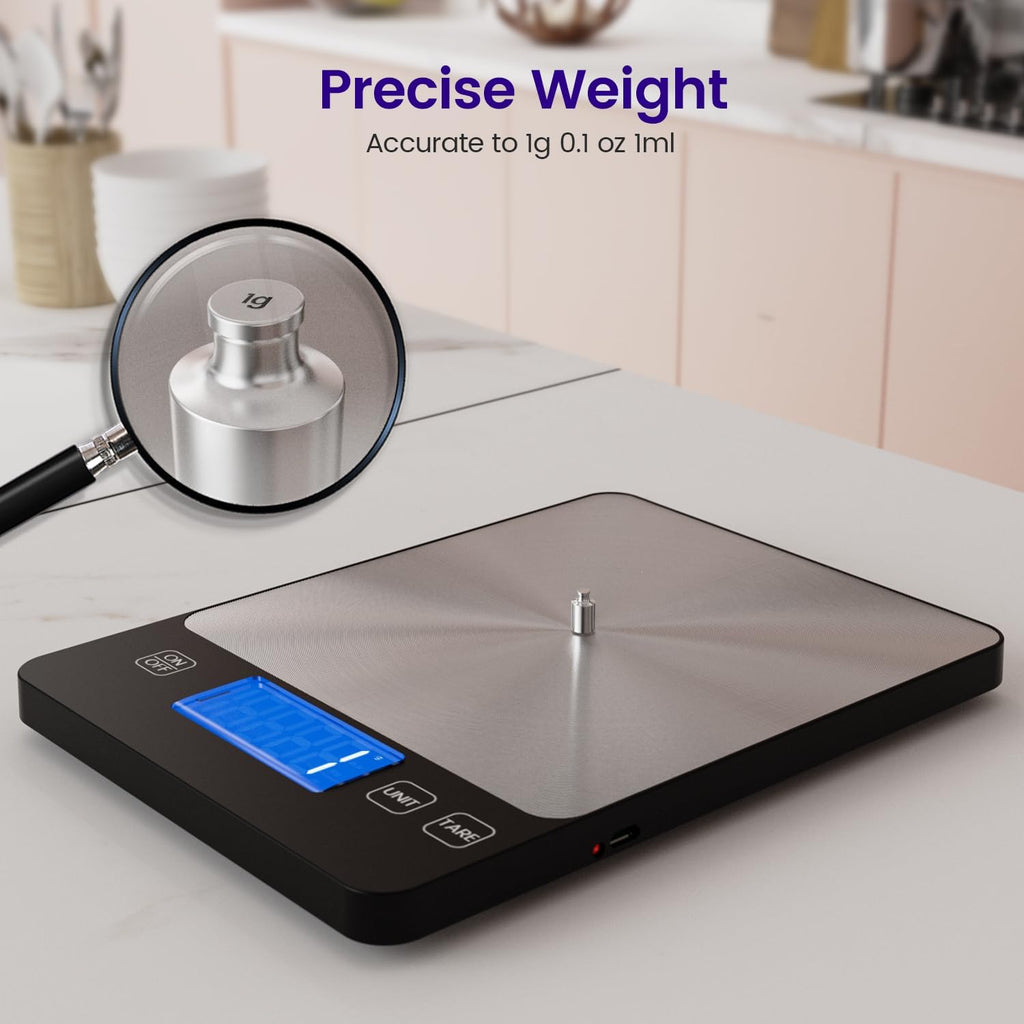 Digitale Küchenwaage, USB C Elektronik Küchenwaage, 15 kg Hochpräzise 1g/0.03oz Lebensmittelwaage, Professionell mit harter Funktion, Batterien enthalten