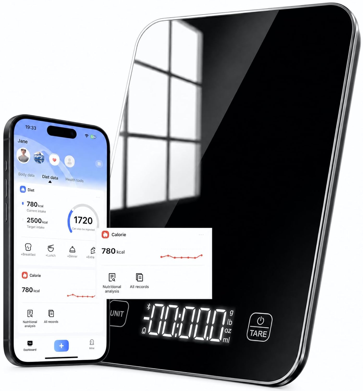 Intelligente digitale Küchenwaage mit LED-Display, Nährwertrechner & kostenloser App, 22 lb/10 kg Kapazität, 5 Einheiten, 1 g/0,05 oz Präzision – für Backen, Kochen, Meal Prep(smart food scale)