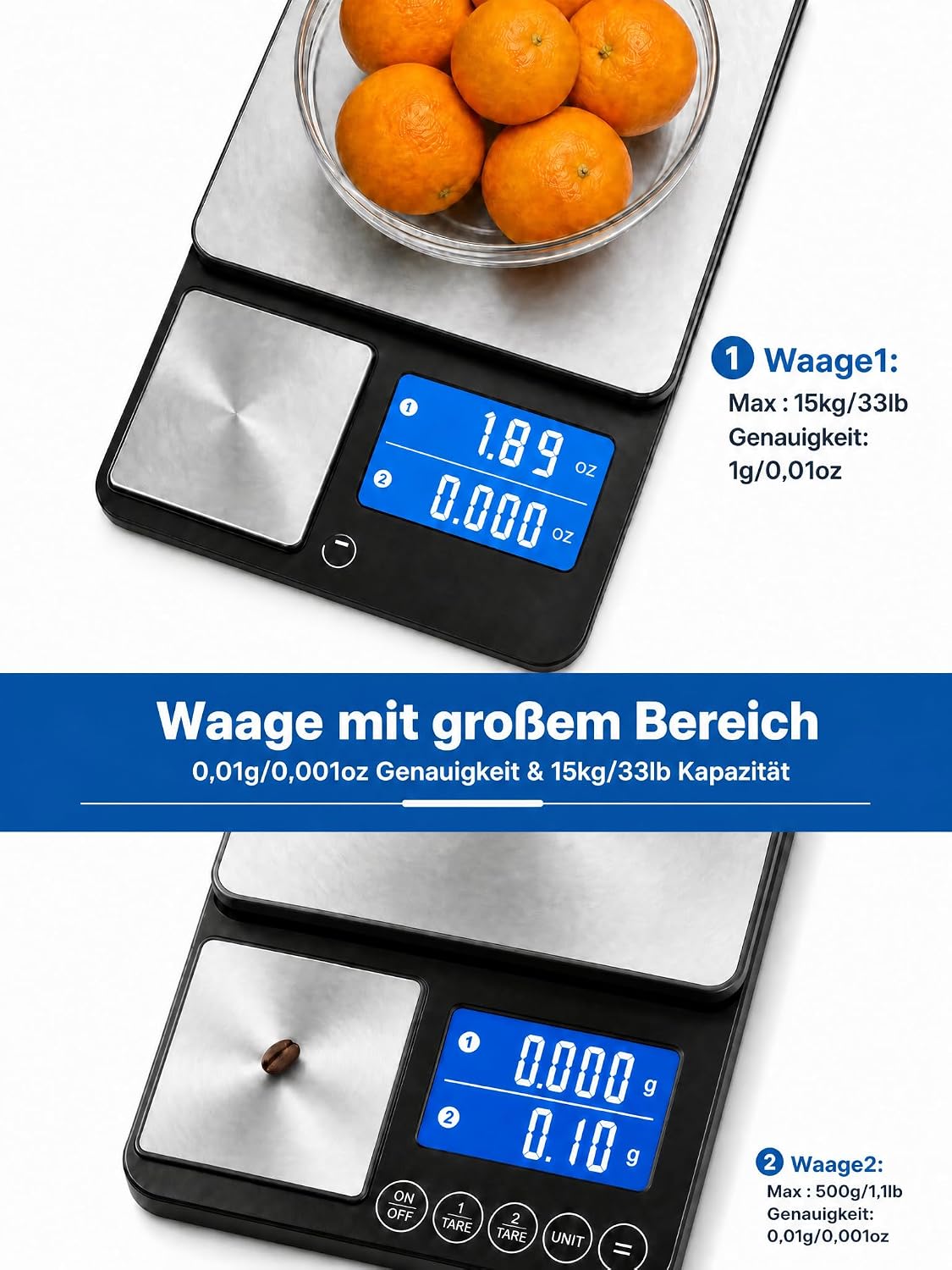 2-in-1 Digitale Lebensmittelwaage mit zwei Wägeschalen, Höchstlast 15 kg mit Ultrapräzision 0,001 oz, aufladbar per USB-C für Backen, Kaffeezubereitung, Essensvorbereitung und Gewürze