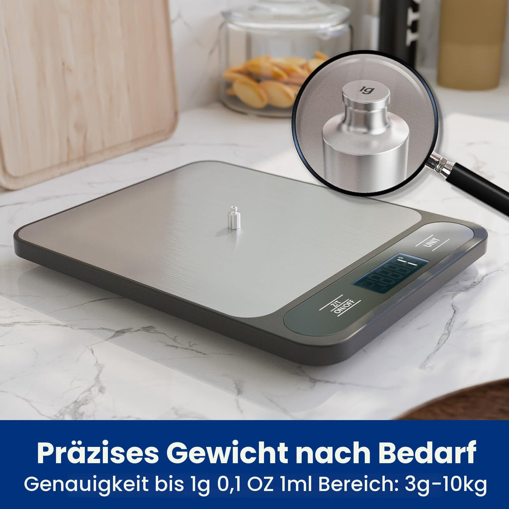【10 KG & Edelstahl】Digitale Küchenwaage, elektronische Lebensmittelwaage mit Tara-Funktion, Hochpräzision 1 g / 0,01 oz, leicht zu reinigen, Batterien im Lieferumfang enthalten