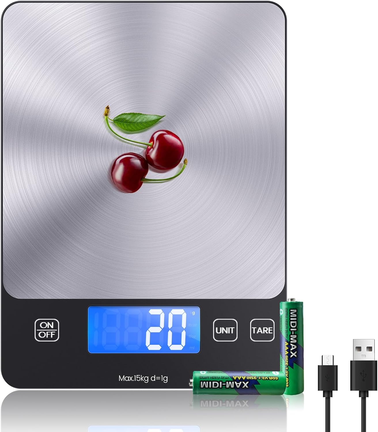 Digitale Küchenwaage, USB C Elektronik Küchenwaage, 15 kg Hochpräzise 1g/0.03oz Lebensmittelwaage, Professionell mit harter Funktion, Batterien enthalten