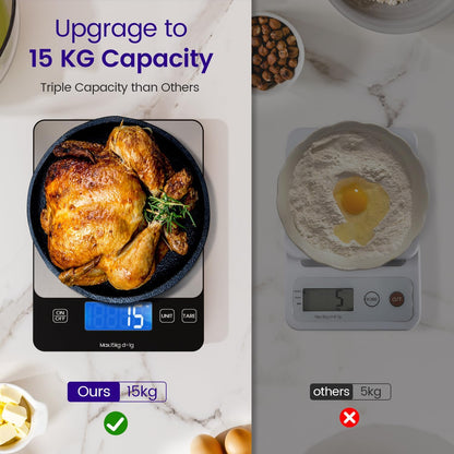 Báscula digital recargable de 15 kg para alimentos - Báscula de cocina de acero inoxidable de alta precisión con temporizador