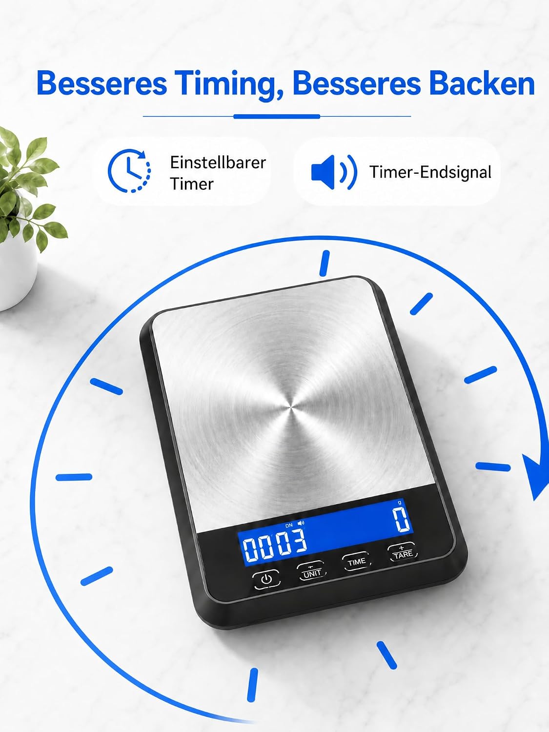 2-in-1 Digitale Küchenwaage mit Timer, Hochlastwaage bis 15 kg / 33 lb, wiederaufladbar über USB-C, Edelstahl-Kochwaage