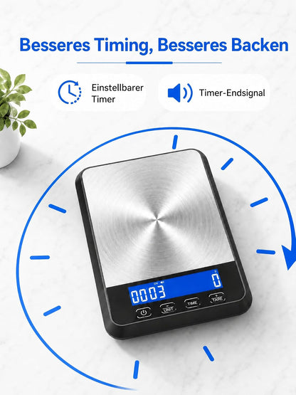 Balanza de cocina digital 2 en 1 con temporizador integrado, báscula de alimentos de alta resistencia de 15 kg/33 lb para cocinar y hornear, balanza de café recargable por USB-C de acero inoxidable
