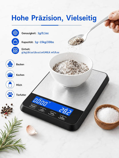Balanza de cocina digital 2 en 1 con temporizador integrado, báscula de alimentos de alta resistencia de 15 kg/33 lb para cocinar y hornear, balanza de café recargable por USB-C de acero inoxidable