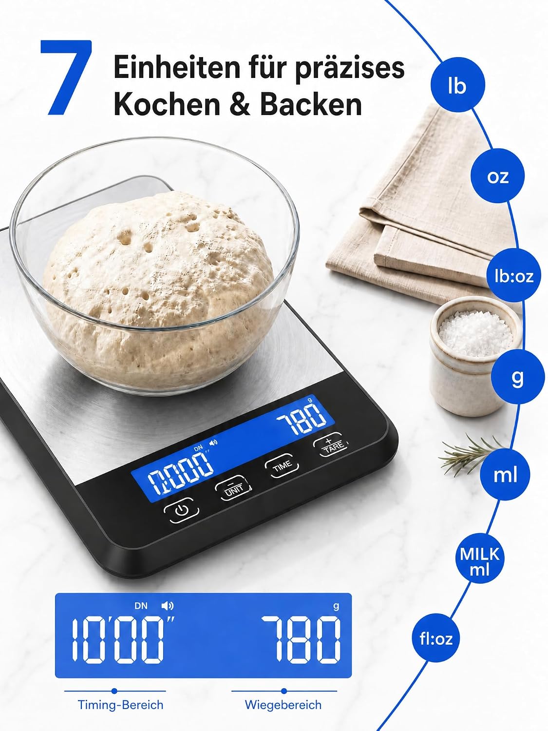 Balanza de cocina digital 2 en 1 con temporizador integrado, báscula de alimentos de alta resistencia de 15 kg/33 lb para cocinar y hornear, balanza de café recargable por USB-C de acero inoxidable