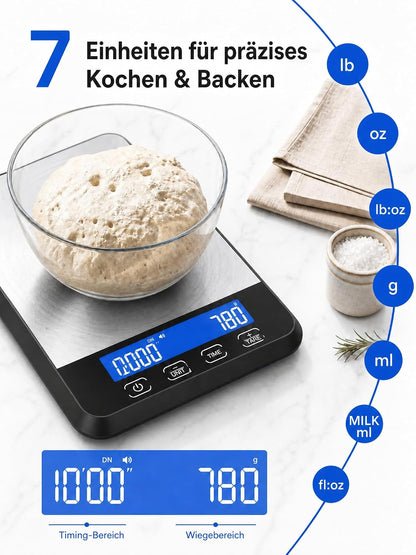 Balanza de cocina digital 2 en 1 con temporizador integrado, báscula de alimentos de alta resistencia de 15 kg/33 lb para cocinar y hornear, balanza de café recargable por USB-C de acero inoxidable