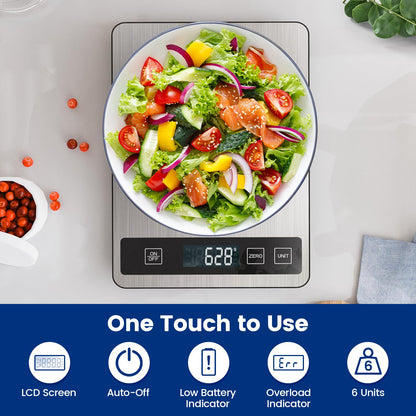 Báscula digital de cocina de 15 kg, recargable por USB-C, de acero inoxidable, con precisión de 1 g, 6 unidades y tara CERO independiente, fácil de limpiar, báscula para hornear y cocinar