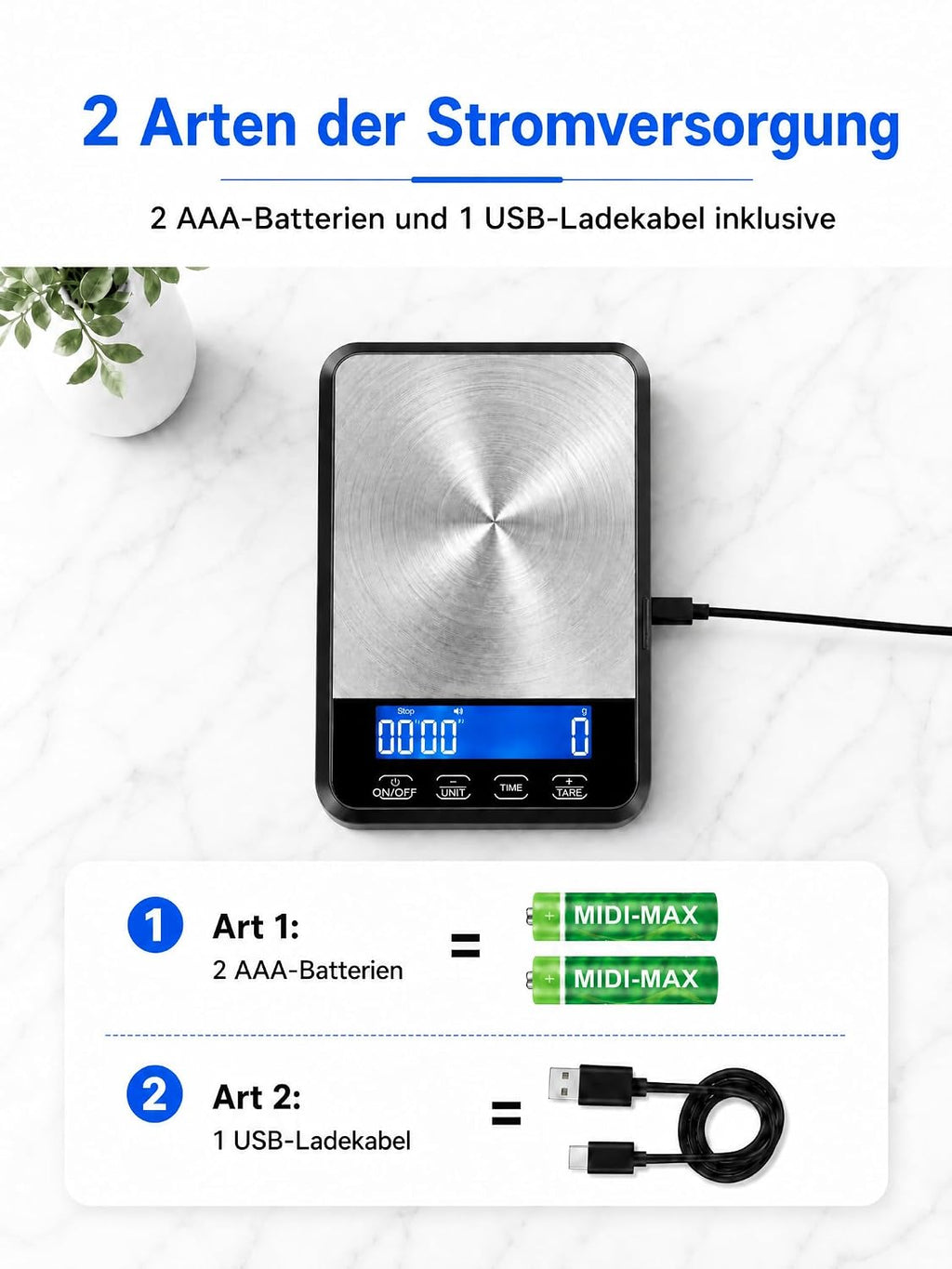 2-in-1 Digitale Küchenwaage mit Timer, Hochlastwaage bis 15 kg / 33 lb, wiederaufladbar über USB-C, Edelstahl-Kochwaage