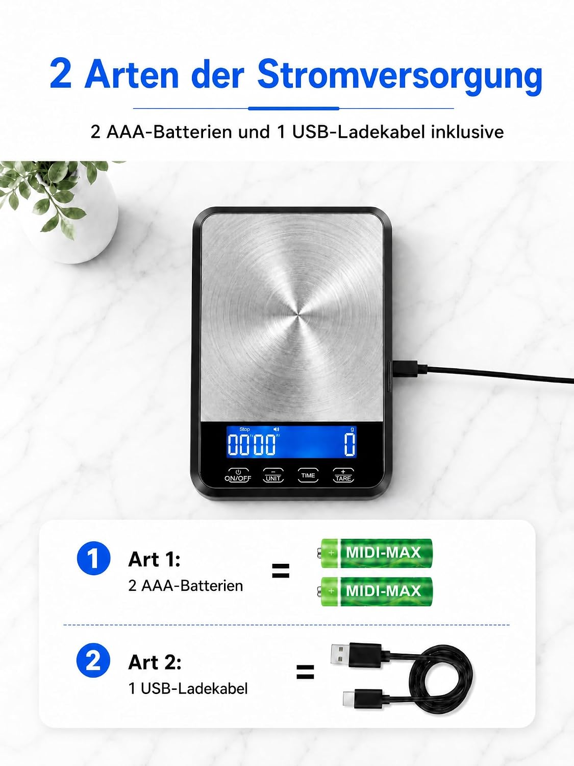 Balanza de cocina digital 2 en 1 con temporizador integrado, báscula de alimentos de alta resistencia de 15 kg/33 lb para cocinar y hornear, balanza de café recargable por USB-C de acero inoxidable
