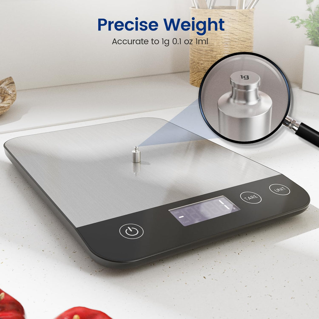 Wiederaufladbare digitale Küchenwaage, elektronische Küchenwaage mit USB-C-Anschluss, hochpräzise Lebensmittelwaage bis 15 kg (1 g / 0,1 oz), professionell mit Tara-Funktion, Batterien im Lieferumfang enthalten