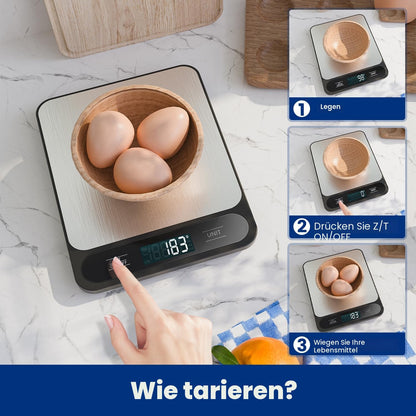 Báscula Digital de Cocina de 10 kg, Báscula de Alimentos Ultrafina de Acero Inoxidable con Alta Precisión de 1 g, 5 Unidades y Tara de Un Toque, Báscula Electrónica Fácil de Limpiar para Repostería, Cocina, Preparación de Comidas
