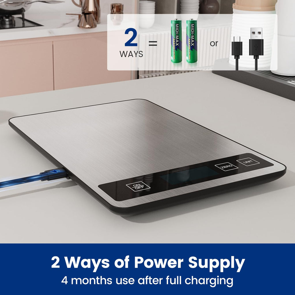 Digitale Küchenwaage, elektronische Küchenwaage mit USB-C-Anschluss, hochpräzise Lebensmittelwaage bis 15 kg mit einer Genauigkeit von 1 g / 0,1 oz, professionelle Tara-Funktion, Batterien im Lieferumfang enthalten
