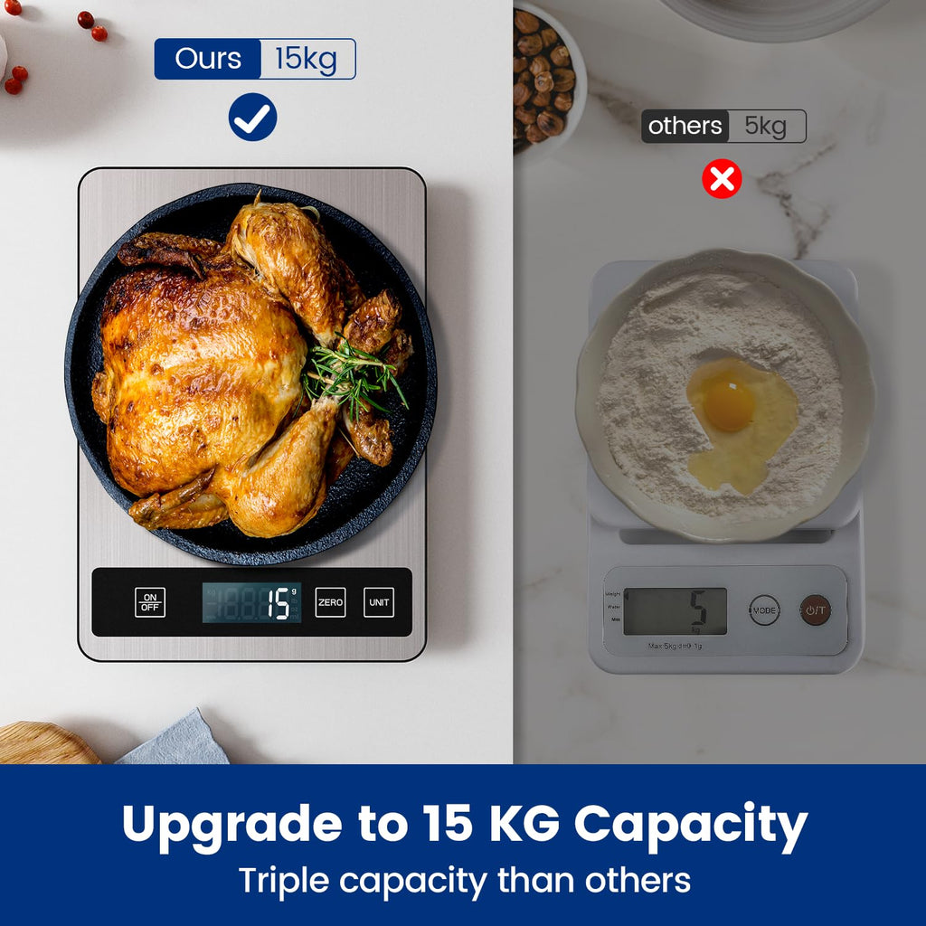 Digitale Küchenwaage, elektronische Küchenwaage mit USB-C-Anschluss, hochpräzise Lebensmittelwaage bis 15 kg mit einer Genauigkeit von 1 g / 0,1 oz, professionelle Tara-Funktion, Batterien im Lieferumfang enthalten
