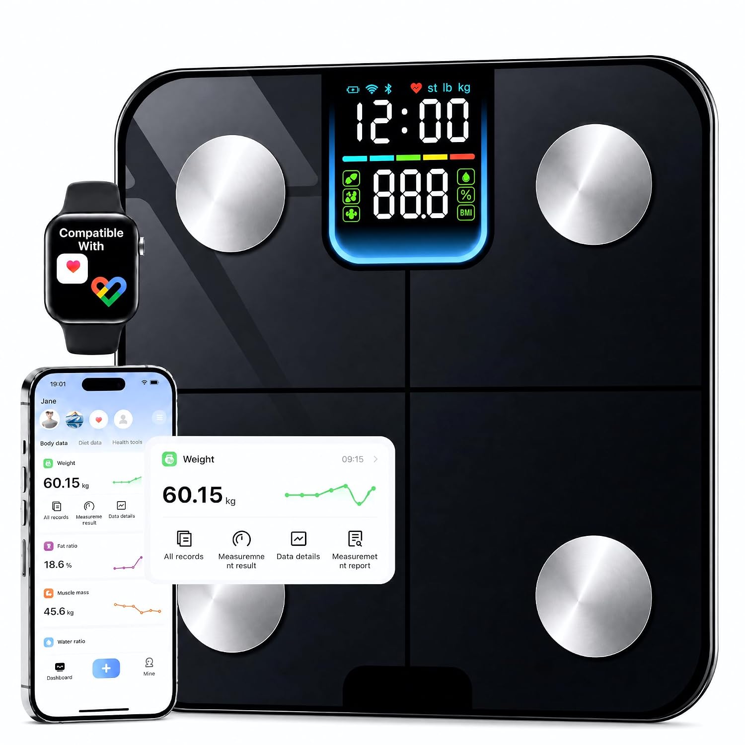 Bluetooth-fähige intelligente Körperanalysewaage, digitale Personenwaage mit 25 Gesundheitswerten, App-Synchronisation für Gewichtsreduktion und Tracking