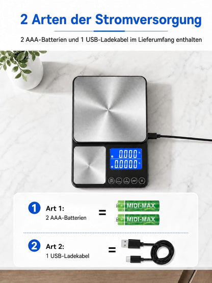 Báscula digital de cocina de doble plataforma, báscula grande para alimentos de 15 kg y microbáscula de alta precisión de 0,01 g en una, báscula para hornear de acero inoxidable recargable por USB-C con función de suma de peso