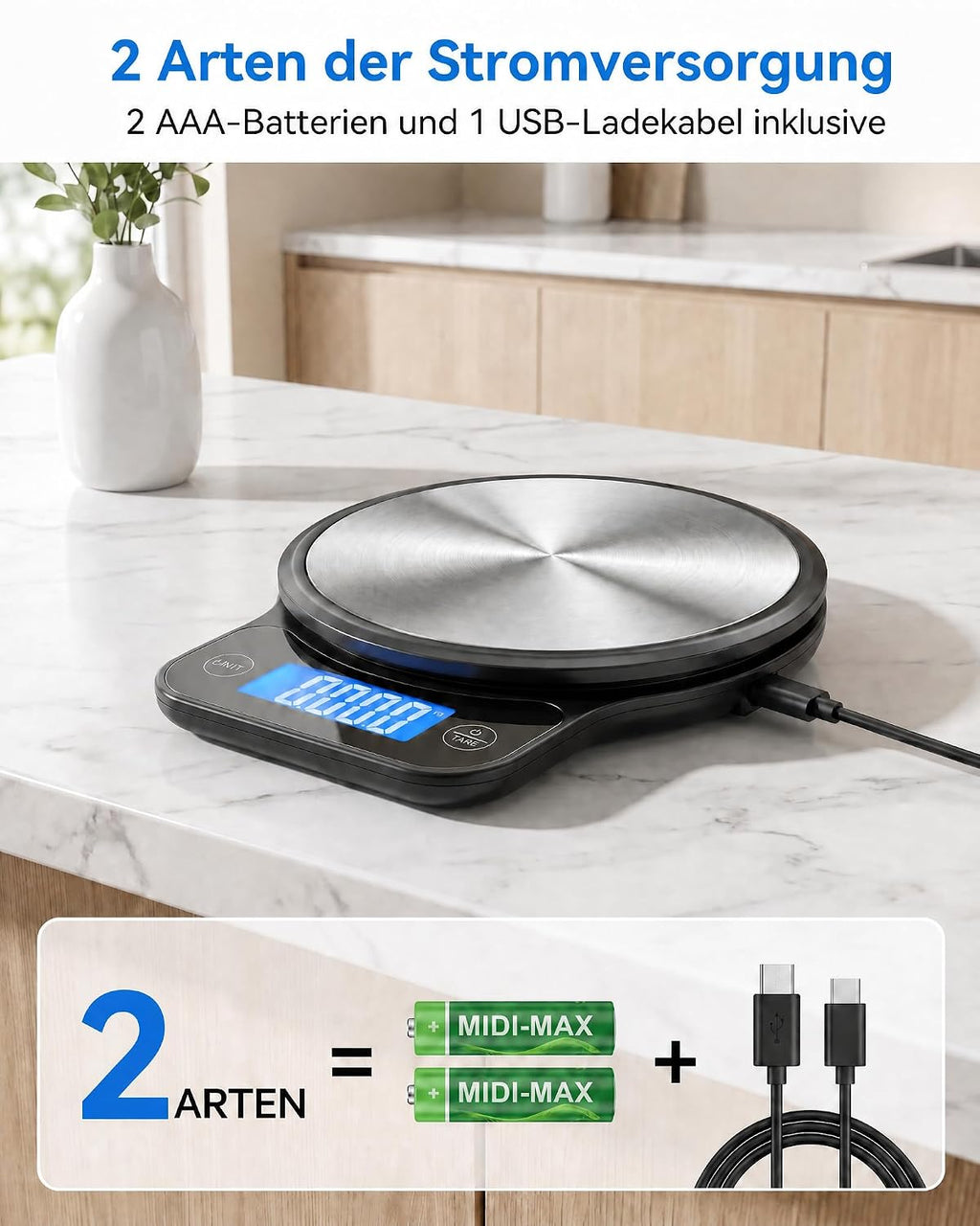 Digitale Küchenwaage, elektronische Küchenwaage mit USB-C-Anschluss, hochpräzise Lebensmittelwaage bis 10 kg (0,5 g / 0,02 oz), professionell mit Tara-Funktion, Batterien im Lieferumfang enthalten
