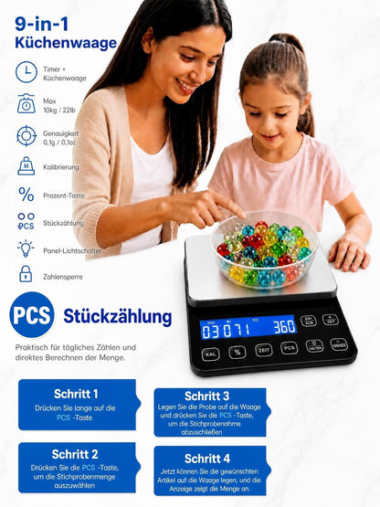 Báscula de cocina profesional de 10 kg con precisión de 0.1 g y porcentaje de panadero | Báscula digital de alimentos 9 en 1 con temporizador, contador y modos de calibración integrados