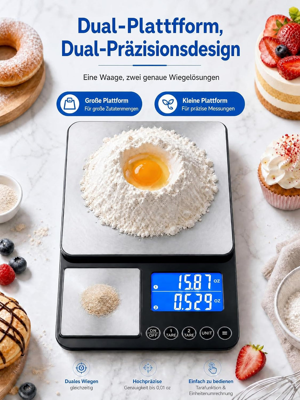 2-in-1 Digitale Lebensmittelwaage mit zwei Wägeschalen, Höchstlast 15 kg mit Ultrapräzision 0,001 oz, aufladbar per USB-C für Backen, Kaffeezubereitung, Essensvorbereitung und Gewürze