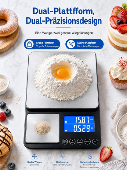 Báscula digital de cocina de doble plataforma, báscula grande para alimentos de 15 kg y microbáscula de alta precisión de 0,01 g en una, báscula para hornear de acero inoxidable recargable por USB-C con función de suma de peso