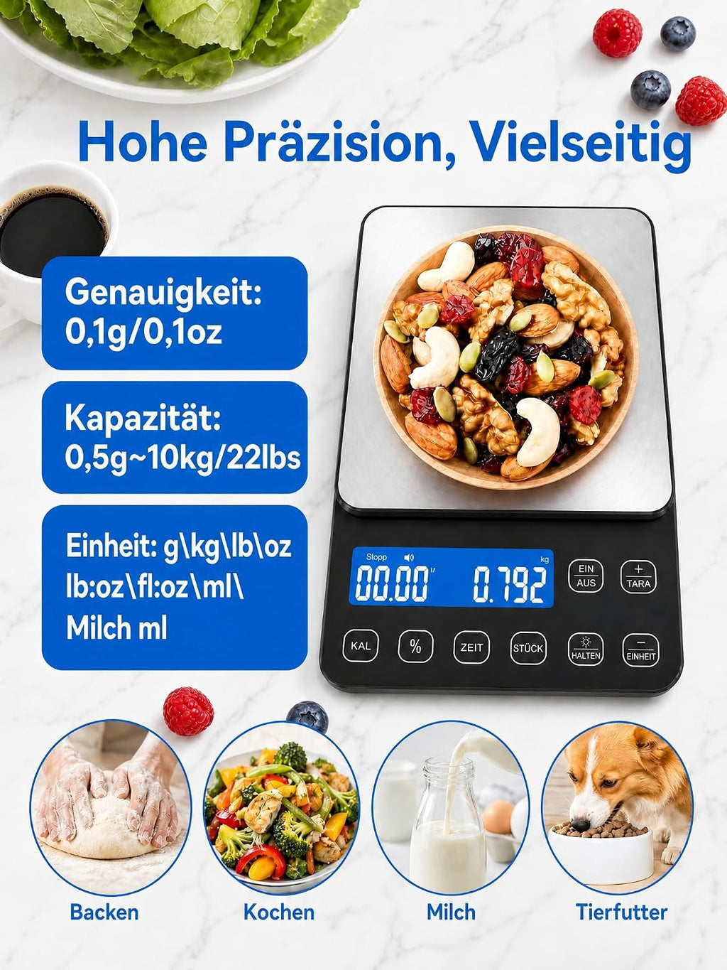 9-in-1 Digitale Küchen-Lebensmittelwaage, maximale 10 kg / 22 lb, 0,1 g / 0,1 oz, Kochwaage mit integriertem Timer, Tara-Funktion, Stückzählung, Prozentrechnung, Kalibrierung Feststellfunktion