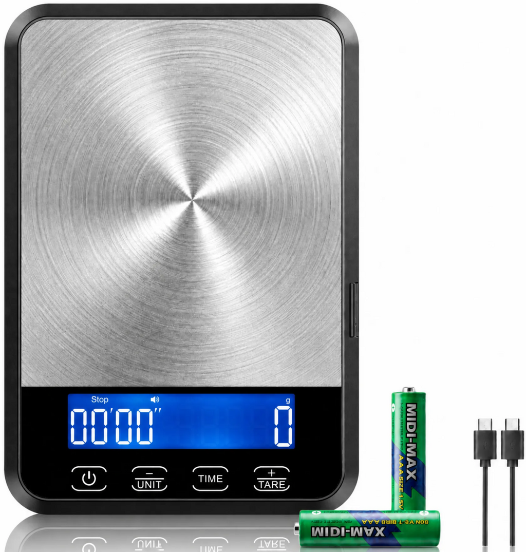 2-in-1 Digitale Küchenwaage mit Timer, robuste Waage bis 15 kg / 33 lb, wiederaufladbar per USB-C, Küchenwaage aus Edelstahl
