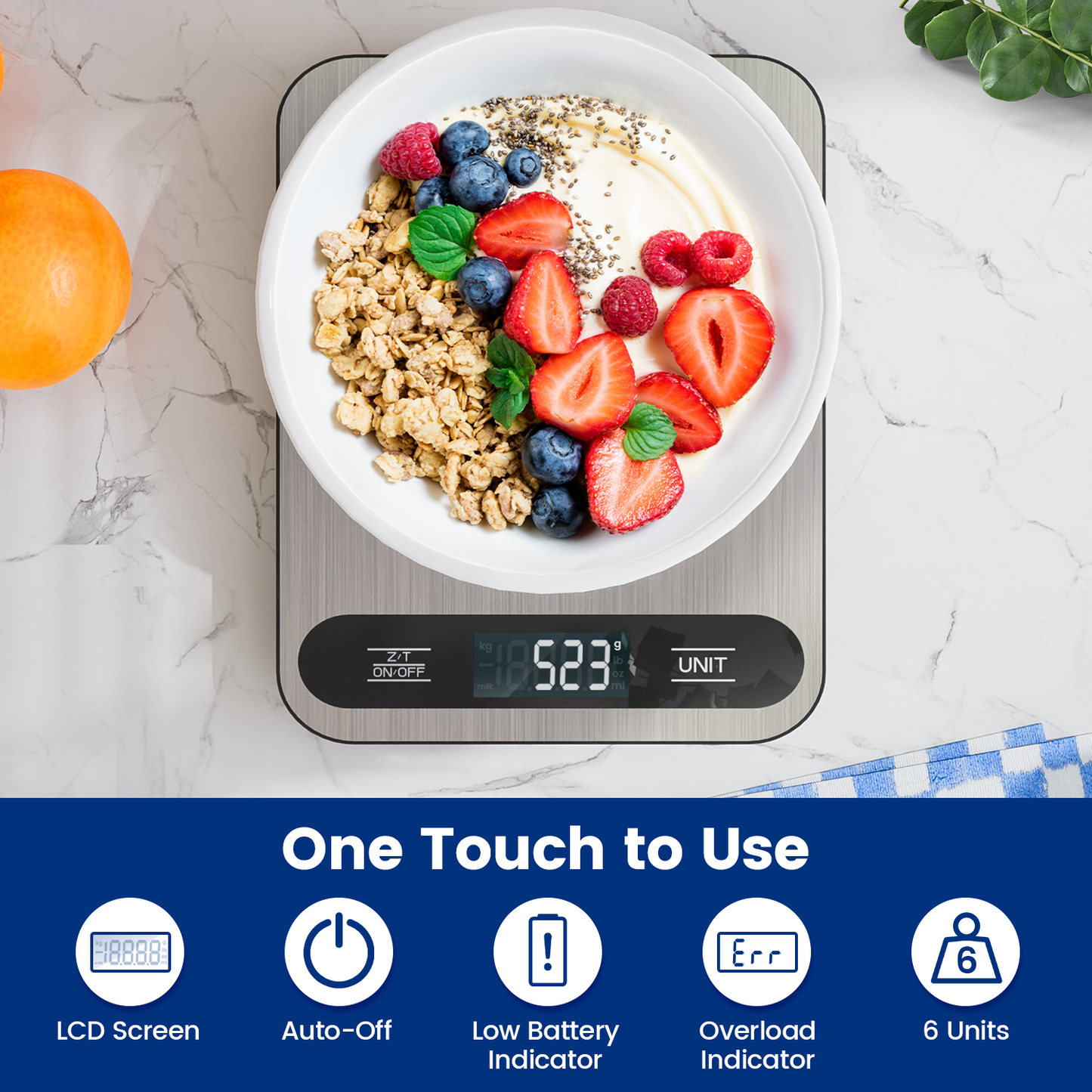 Báscula de cocina de acero inoxidable de primera calidad | Balanza de alimentos de alta resistencia con capacidad de 15 kg | Batería de larga duración de 120 días, 6 unidades con modo leche, fácil de limpiar
