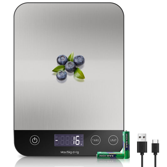 Balanza de Cocina Digital de 15 kg, Balanza de Alimentos de Acero Inoxidable Recargable por USB-C con Precisión de 1 g, 5 Unidades (g/kg/lb:oz/fl:oz/ml) y Tara de un Toque, Balanza para Hornear y Preparar Comidas